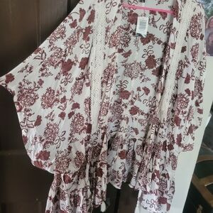 Floral Kimono with Lace Trim